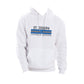 white hooded sweatshirt with custom st. joseph catholic school printed design on the center chest