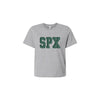 Gray t-shirt with 'SPX' printed in green on a white background
