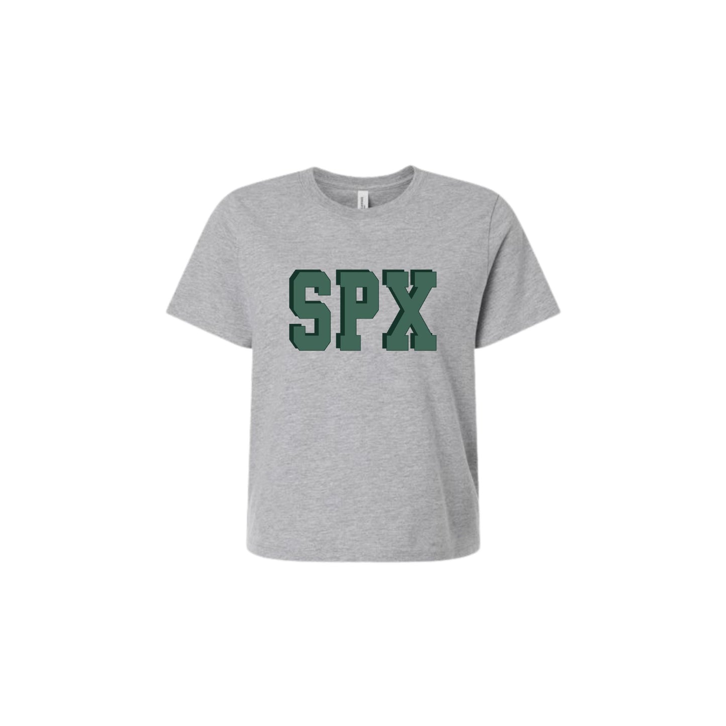Gray t-shirt with 'SPX' printed in green on a white background