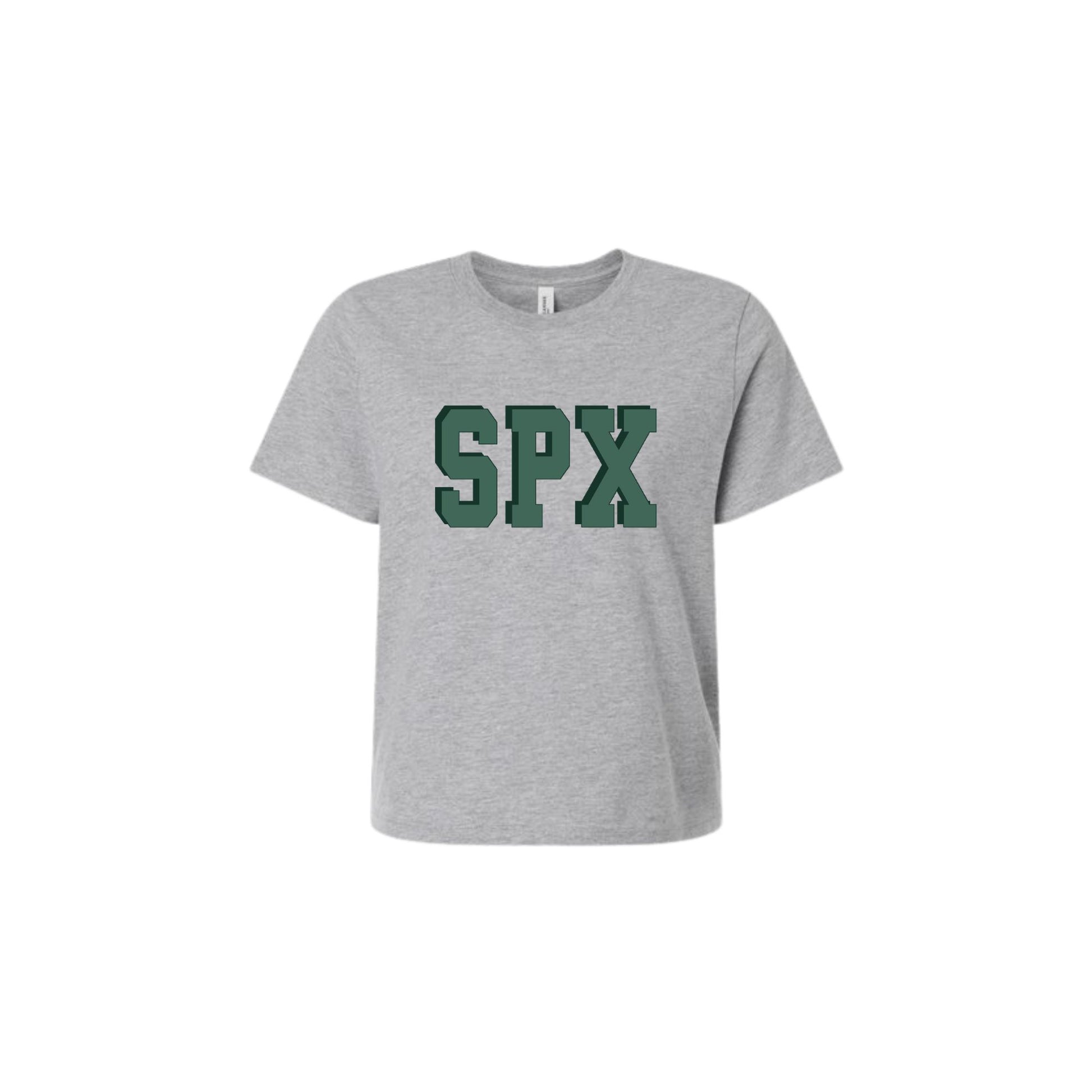 Gray t-shirt with 'SPX' printed in green on a white background