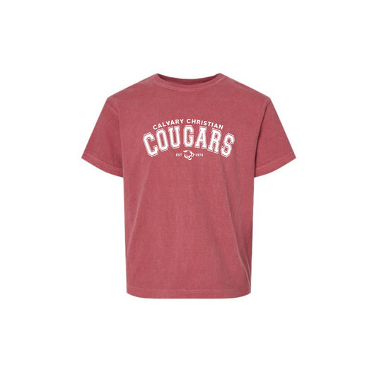 crimson comfort colors tee with custom cougars print in white across the chest