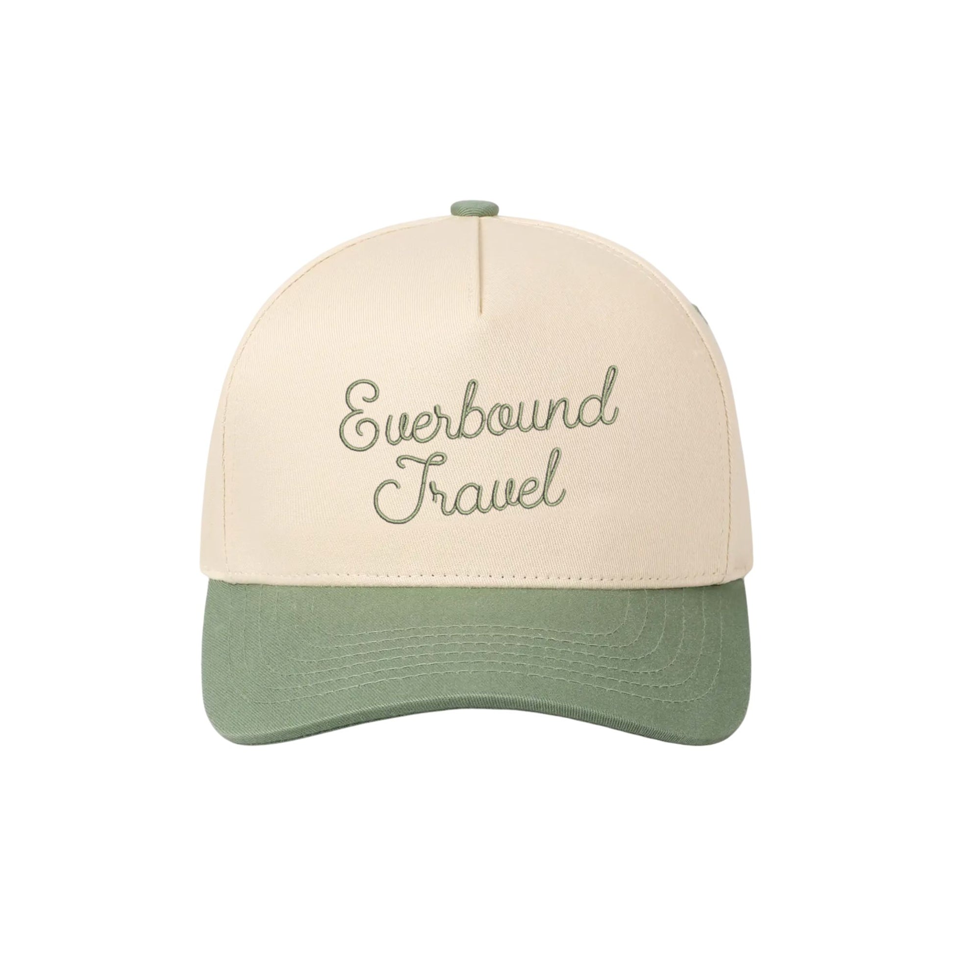 two tone sage trucker hat with custom everbound travel embroidered design 