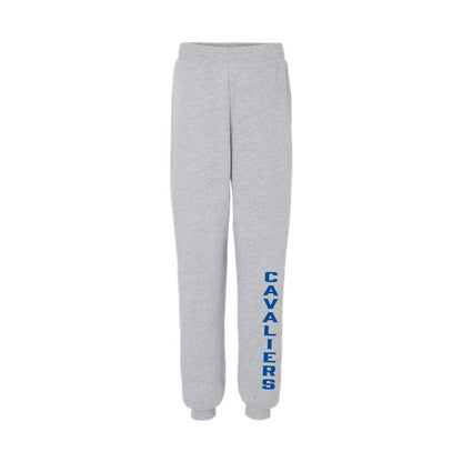 athletic heather bella and canvas youth joggers with custom cavaliers print along the left leg in royal blue