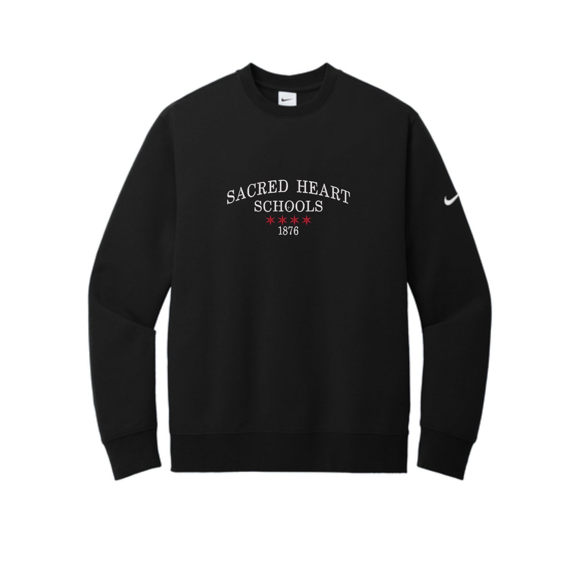 black Nike club fleece sleeve swoosh crew with  center chest Sacred Heart Schools embroidered design featuring the Chicago stars
