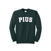Dark green sweatshirt with 'PIUS' printed on it against a white background