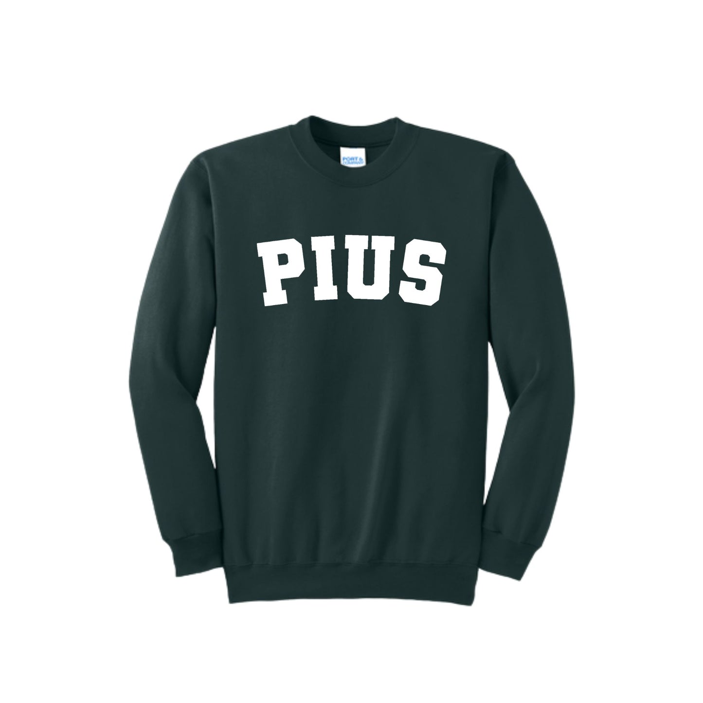Dark green sweatshirt with 'PIUS' printed on it against a white background