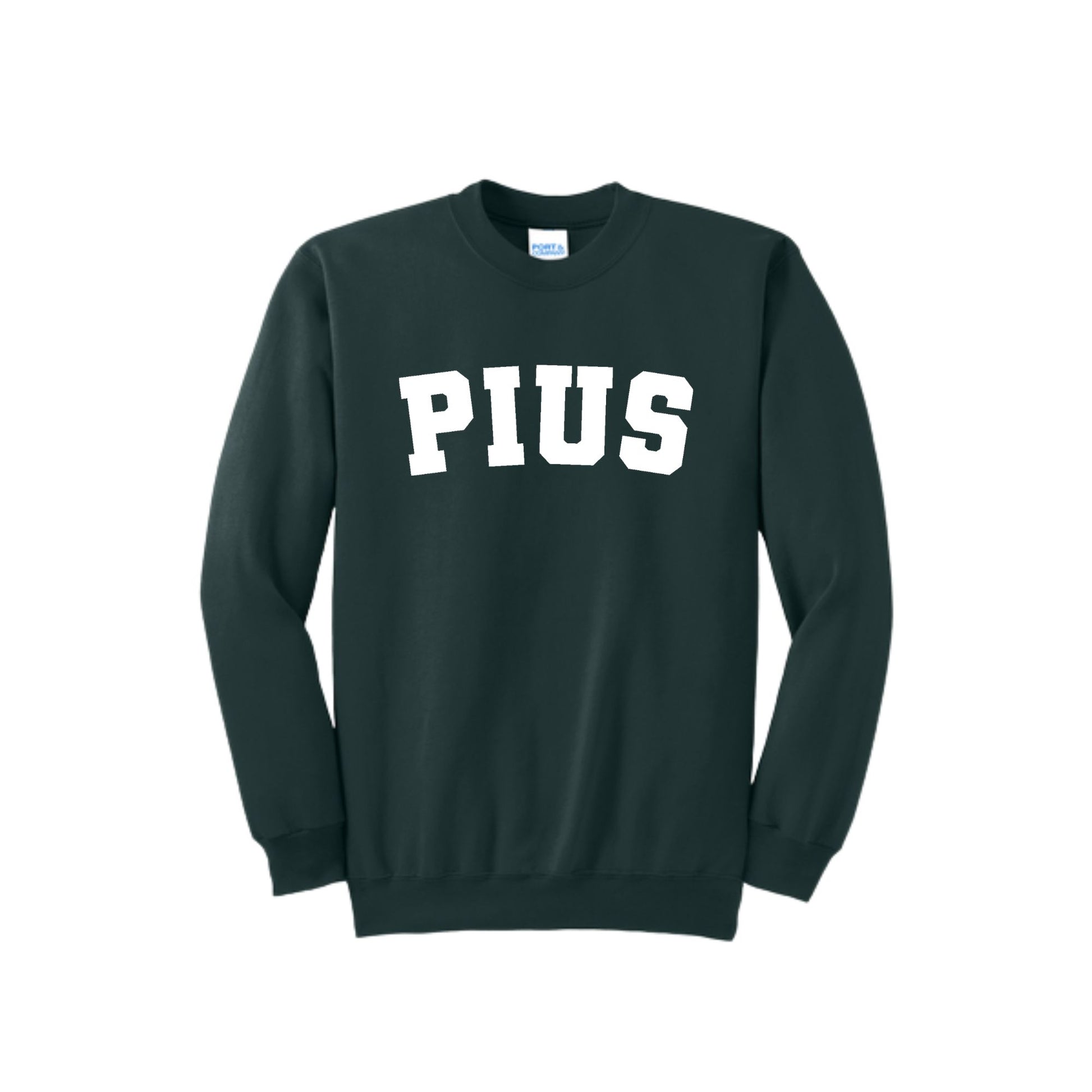 Dark green sweatshirt with 'PIUS' printed on it against a white background