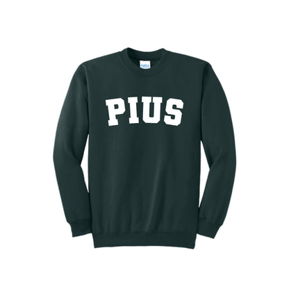 Dark green sweatshirt with 'PIUS' printed on it against a white background