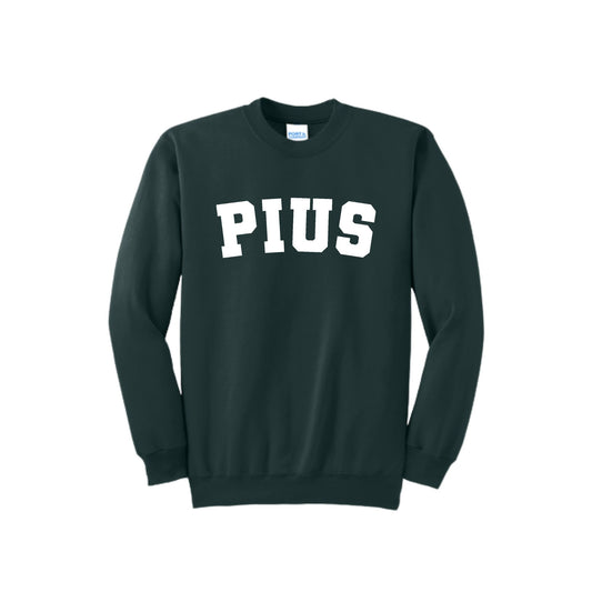 Dark green sweatshirt with 'PIUS' printed on it against a white background