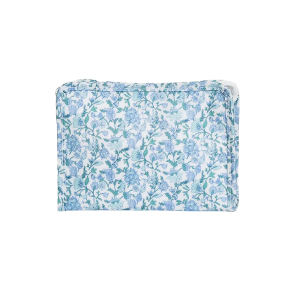 Floral patterned pouch with blue flowers on a white background