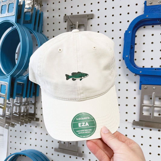 a stone baseball cap with custom embroidered bass fish icon on the front center in shades of green