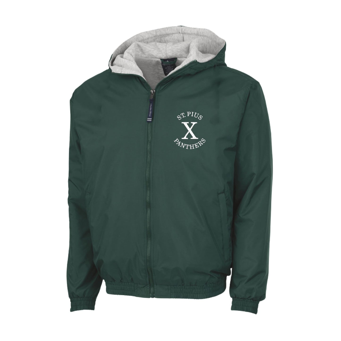 Green jacket with 'St. Pius X Panthers' logo on a white background