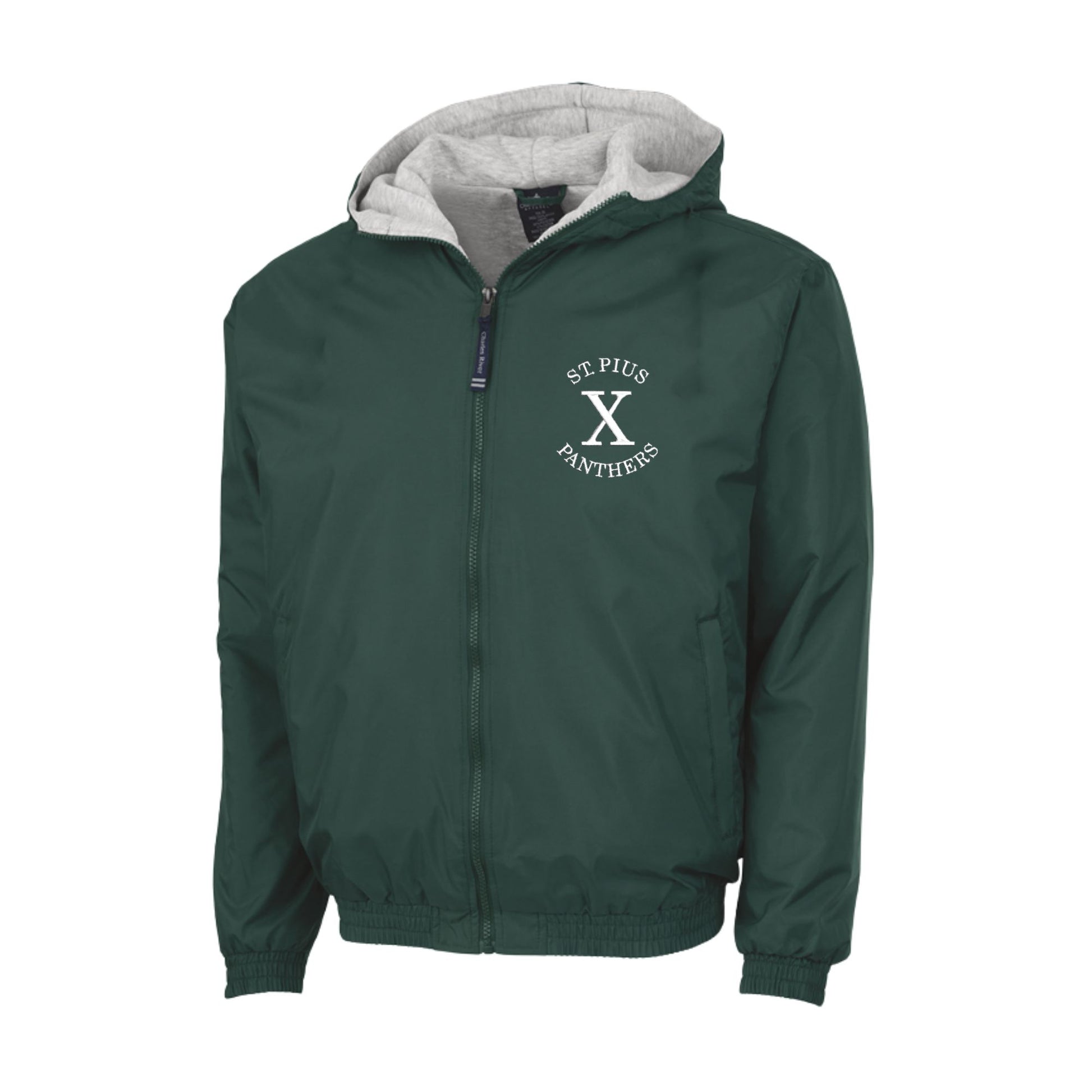 Green jacket with 'St. Pius X Panthers' logo on a white background