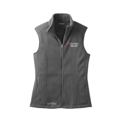 grey fleece eddie bauer vest with custom sacred heart logo embroidered design in red and white thread on the left chest