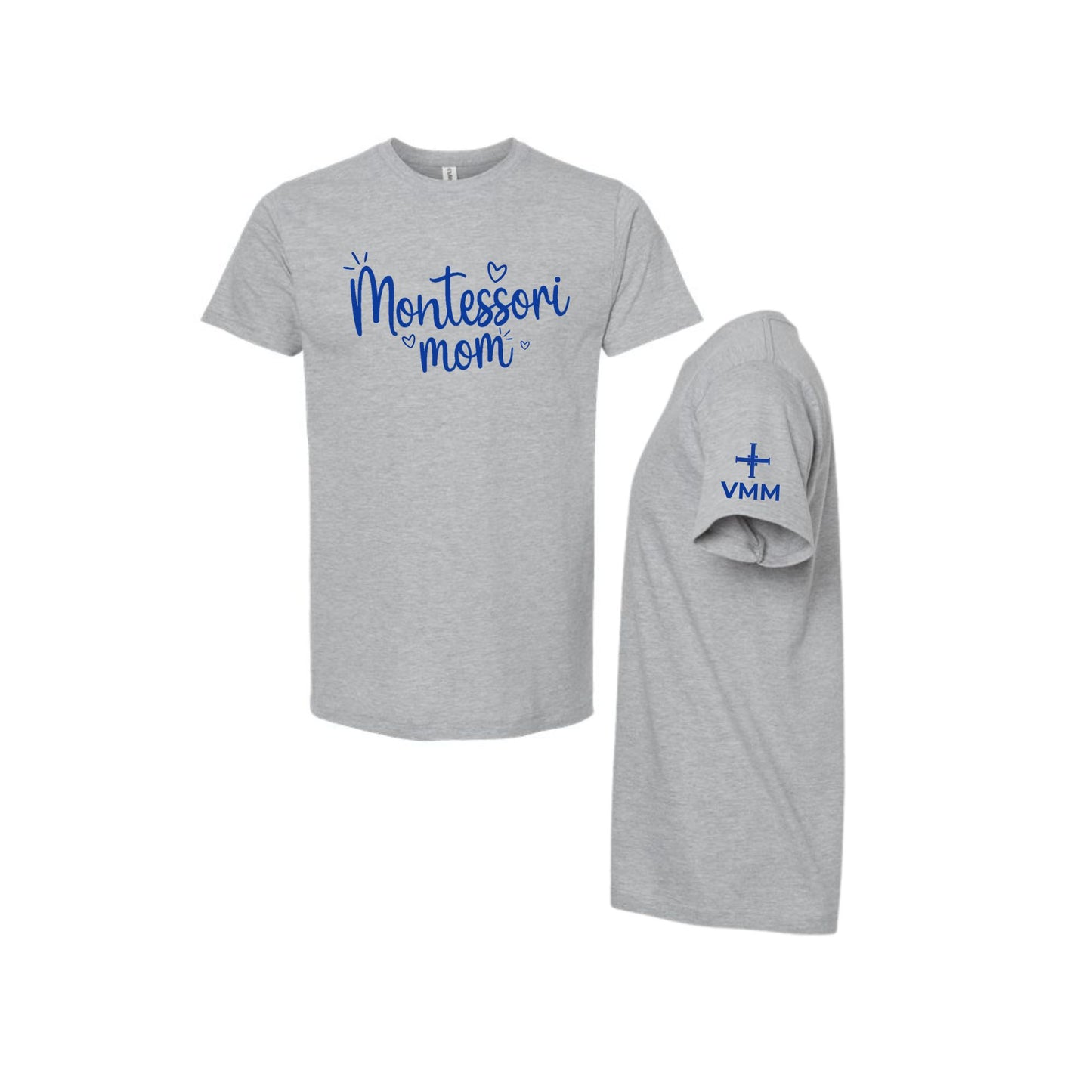 A heather gray short-sleeve t-shirt shown from the front and back on a plain white background. The front features the text 'Montessori mom' in blue script with small heart and crown details.
