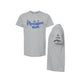 A heather gray short-sleeve t-shirt shown from the front and back on a plain white background. The front features the text 'Montessori mom' in blue script with small heart and crown details.