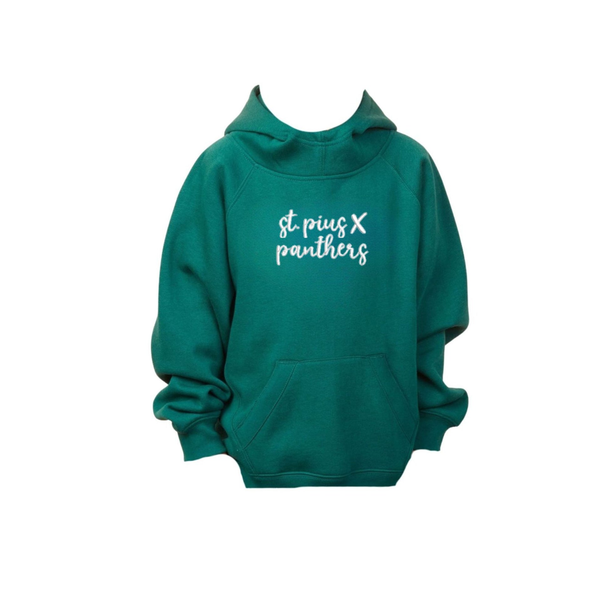Green hoodie with 'st. pius x panthers' text on a white background