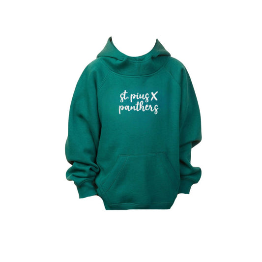 Green hoodie with 'st. pius x panthers' text on a white background