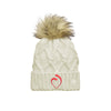 ivory women's thick ribbed cuff and cable knit beanie with faux fur pom and sacred heart schools heart embroidered logo in red thread