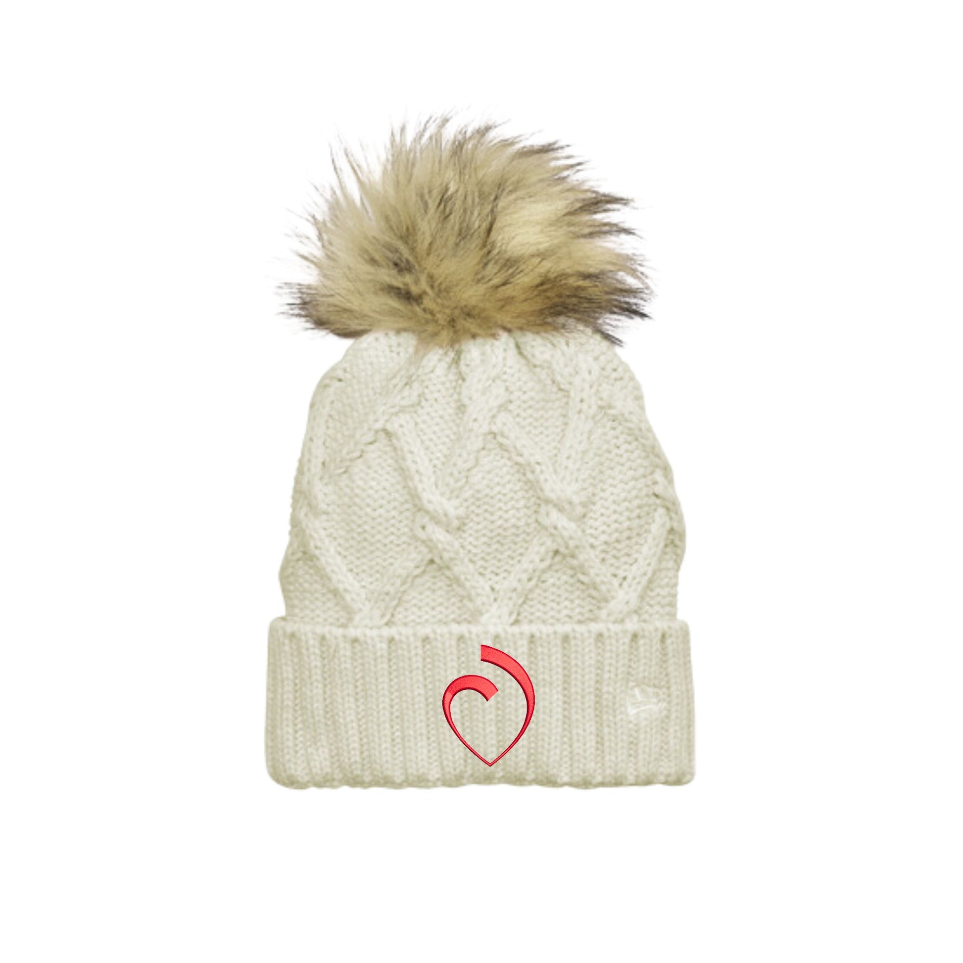 ivory women's thick ribbed cuff and cable knit beanie with faux fur pom and sacred heart schools heart embroidered logo in red thread