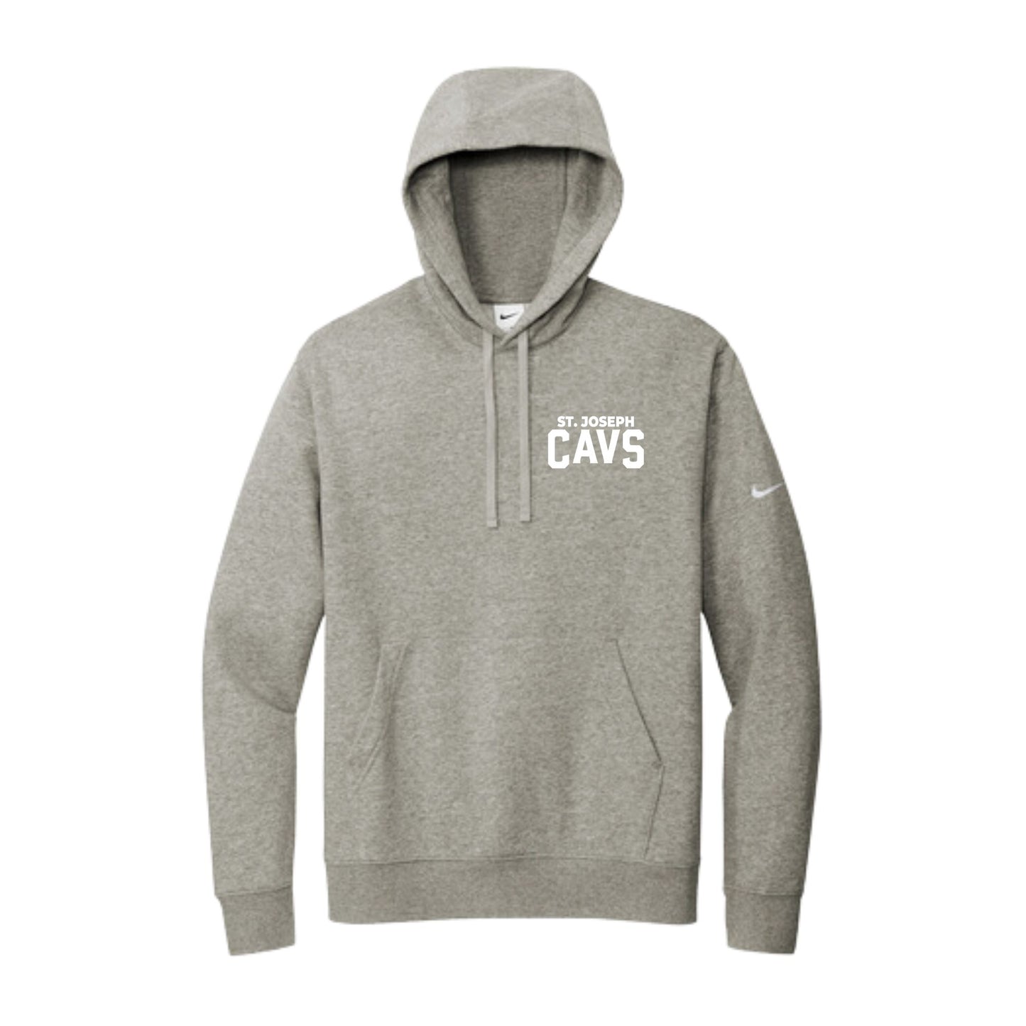 dark heather gray nike hooded sweatshirt with custom st. joseph cavs print in white on the left chest