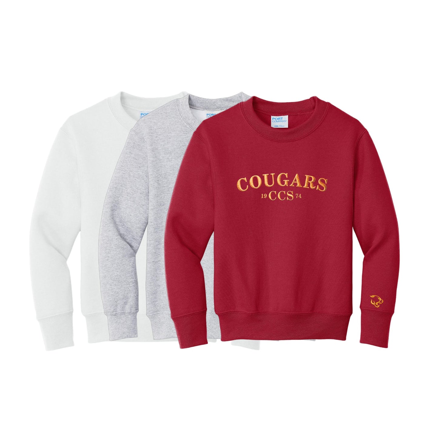 Embroidered Cougars Crewneck Sweatshirt | Cuff Embroidery | Adult and Youth Fit | CCS_BS26_E1