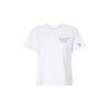 White t-shirt with blue text and logo on a white background