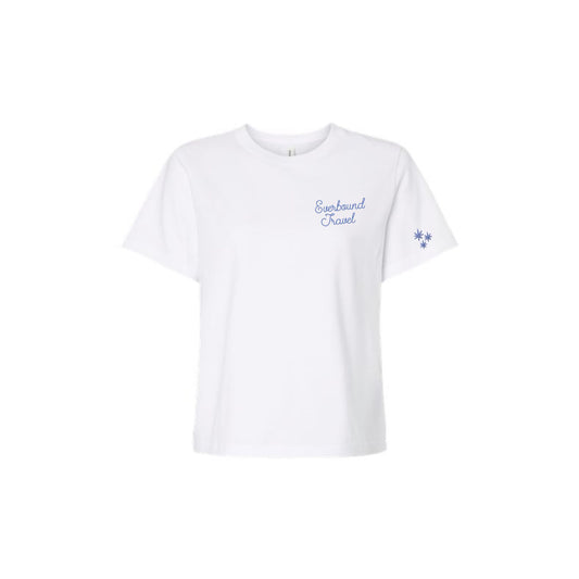 White t-shirt with blue text and logo on a white background