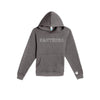 charcoal heather hoodie with 'PANTHERS' embroidered in open athletic block font and white  thread on the center chest and a paw print embroidered on the cuff