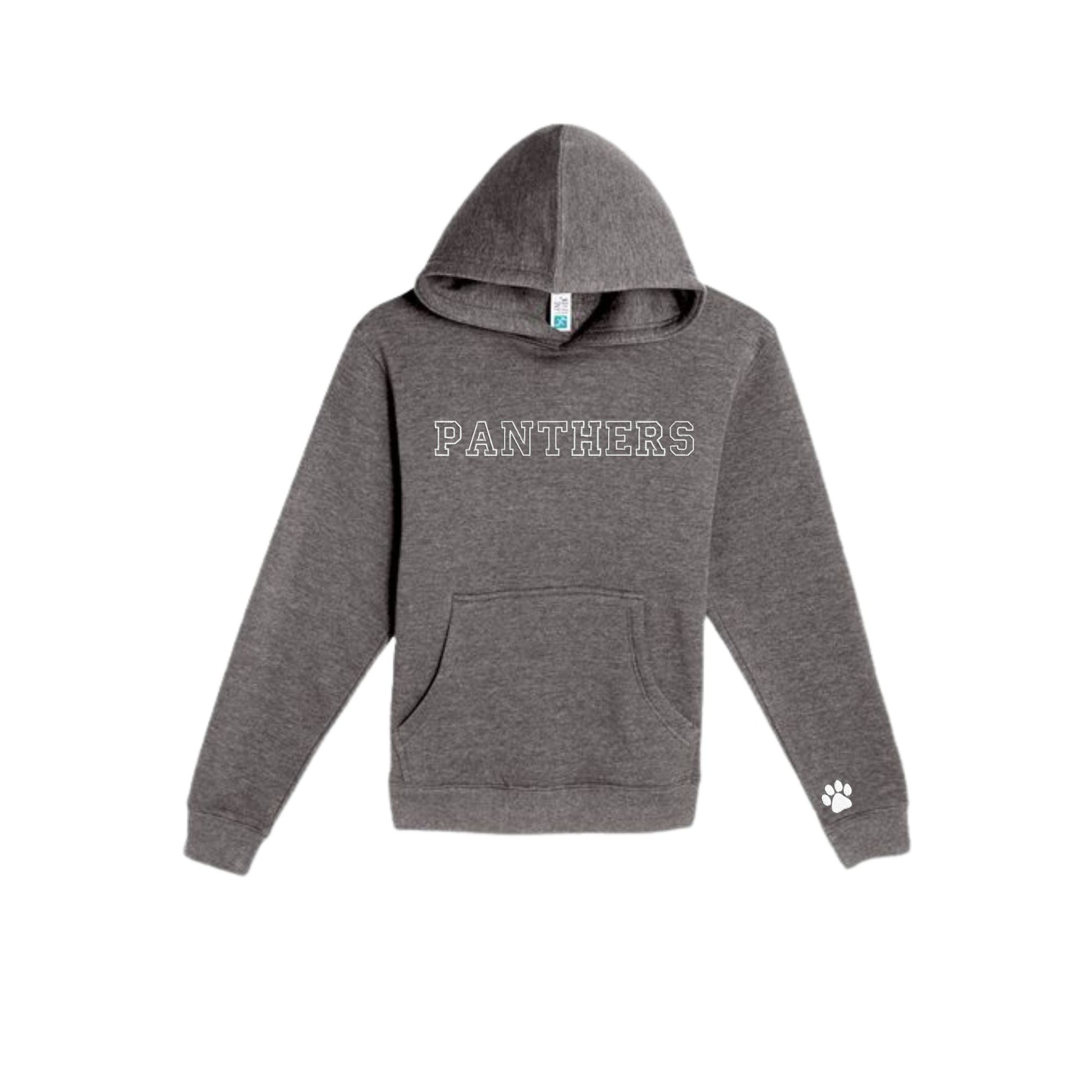 charcoal heather hoodie with 'PANTHERS' embroidered in open athletic block font and white  thread on the center chest and a paw print embroidered on the cuff