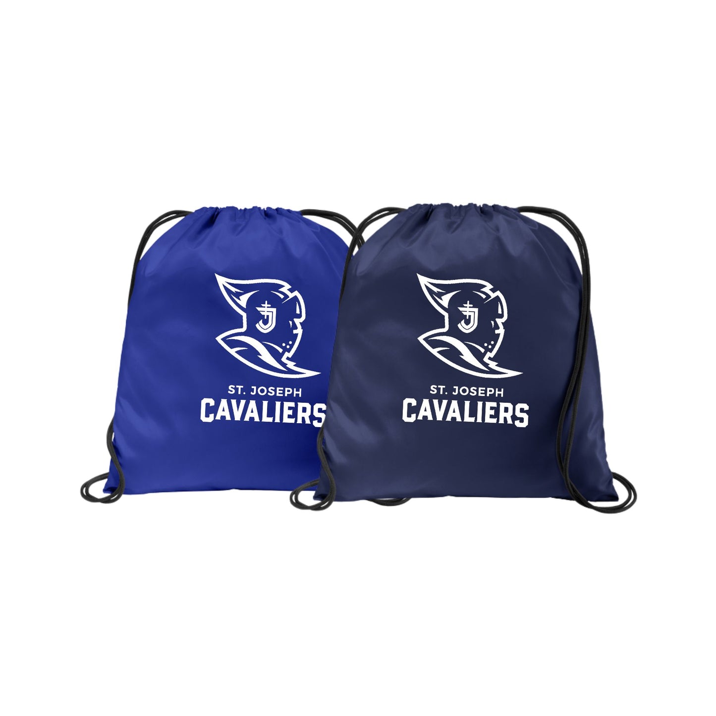 Two drawstring gym bags with black cords, one royal blue and one navy blue, both featuring a white St. Joseph Cavaliers logo and text on the front, set against a plain white background.