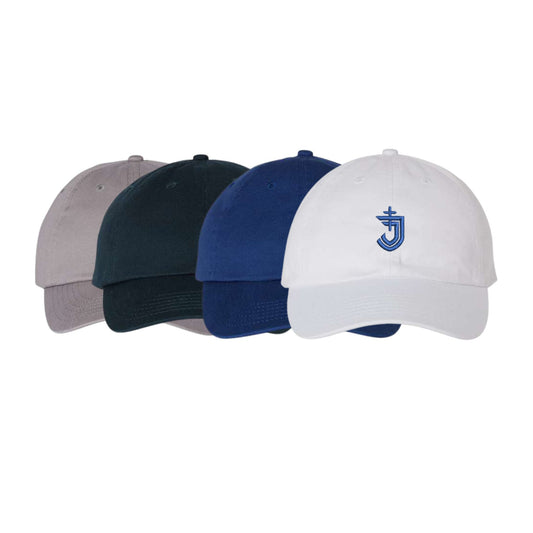 Four baseball caps in different colors with a logo on a white background