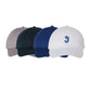 Four baseball caps in different colors with a logo on a white background
