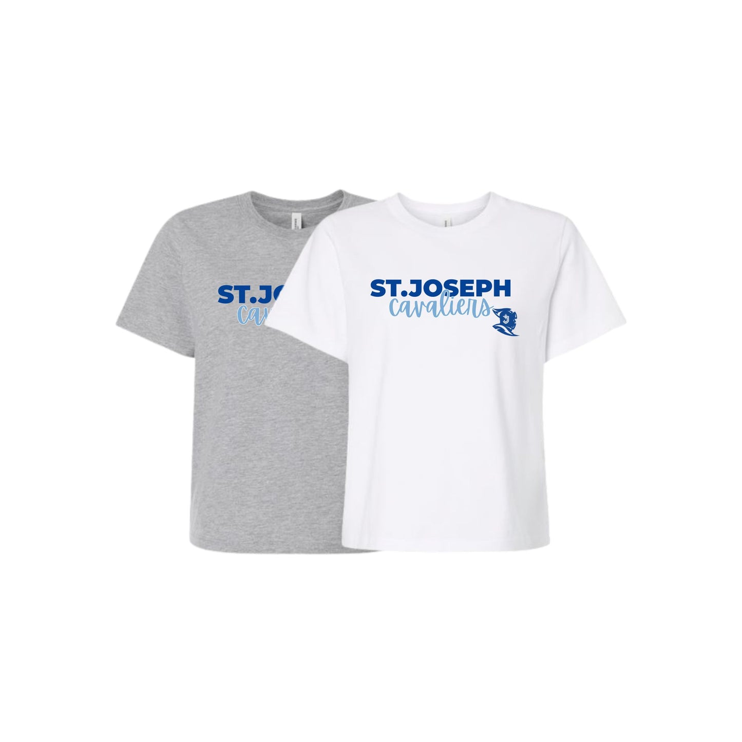 Gray and white t-shirts with 'ST. JOSEPH CAVALIERS' text on a white background