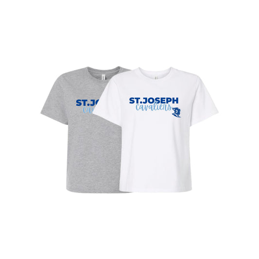 Gray and white t-shirts with 'ST. JOSEPH CAVALIERS' text on a white background