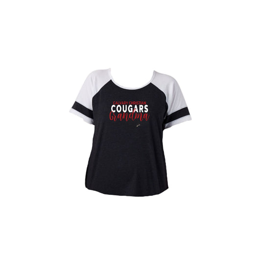  a black heather and white colorblock jersey t-shirt with calvary christian cougars grandma printed on the front center chest in white and red ink