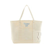 An off-white canvas tote bag with cream-colored handles, featuring a light blue embroidered bow and the word 'Name' on the front pocket, indicating personalization.