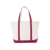 Natural tote bag with maroon trim on a white background