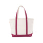 Natural tote bag with maroon trim on a white background