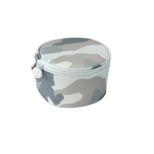 Camouflage-patterned round pouch with a white background