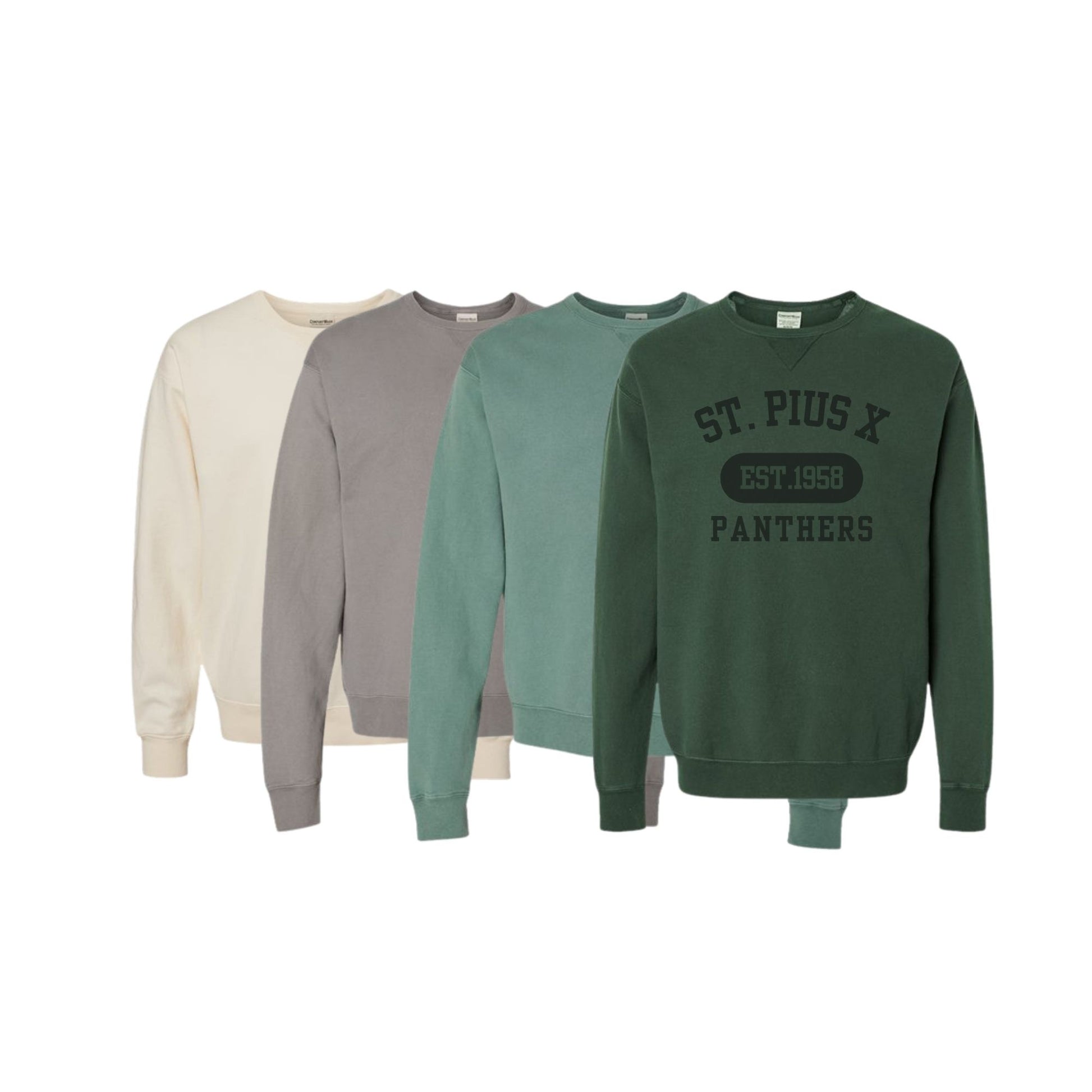 Four sweatshirts in different colors with 'St. Pius X' branding on a white background