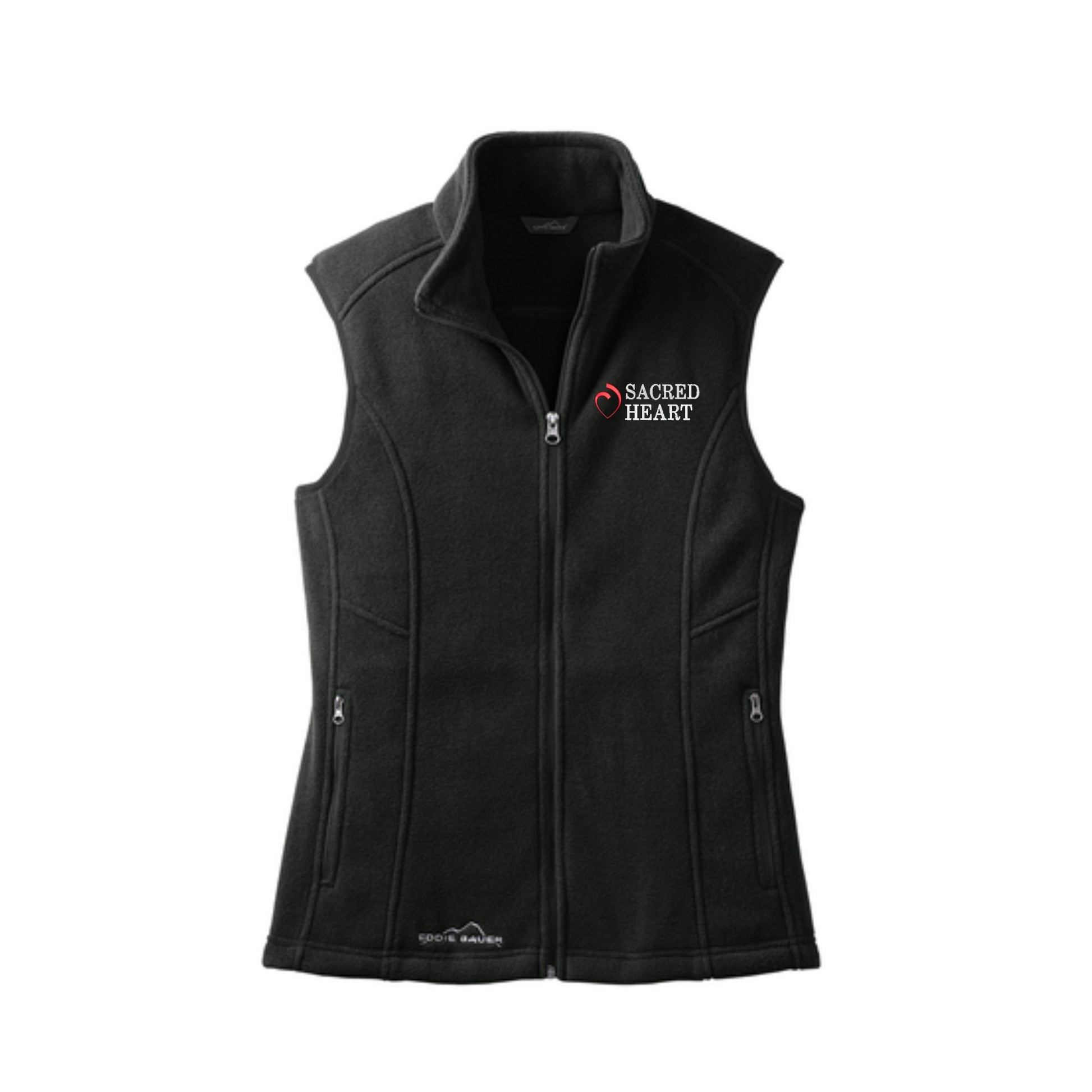black fleece eddie bauer vest with custom sacred heart logo embroidered design in red and white thread on the left chest