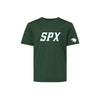 forest performance t-shirt featuring the letters 'SPX' printed in white across the chest and a small white panther logo on the right sleeve, displayed on a solid white background.