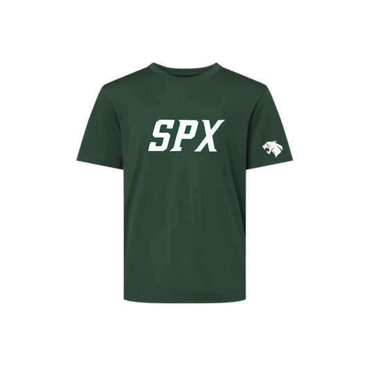 forest performance t-shirt featuring the letters 'SPX' printed in white across the chest and a small white panther logo on the right sleeve, displayed on a solid white background.