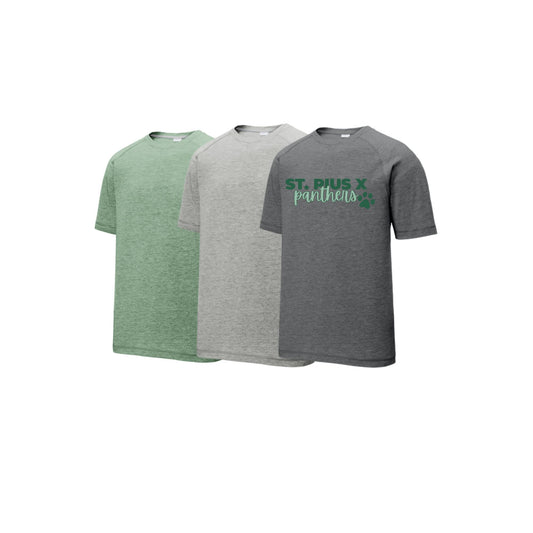 Three t-shirts in green, gray, and dark gray with 'St. Pius X Panthers' text on a white background.