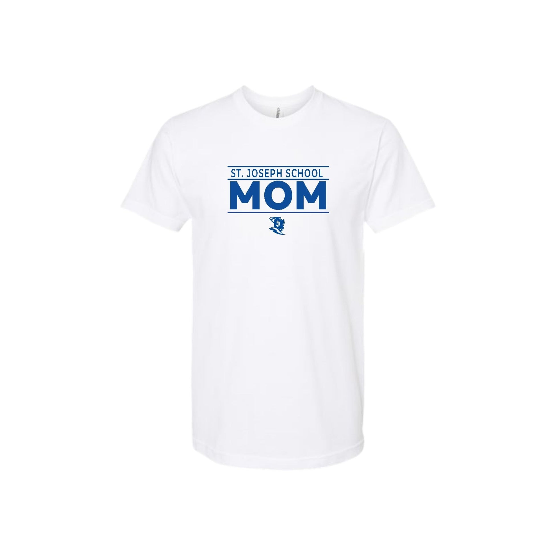 White t-shirt with 'St. Joseph School Mom' text and logo on a white background