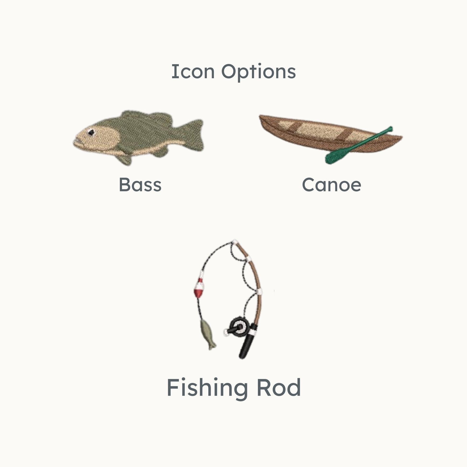 embroidered icon options: bass, canoe, fishing rod