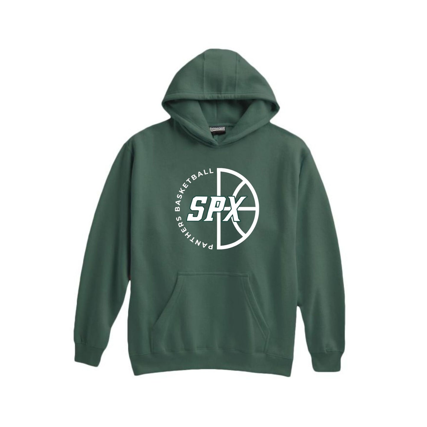 A dark green pullover hoodie with a white circular graphic on the chest featuring a basketball design and the text 'SPX PANTHERS BASKETBALL'.
