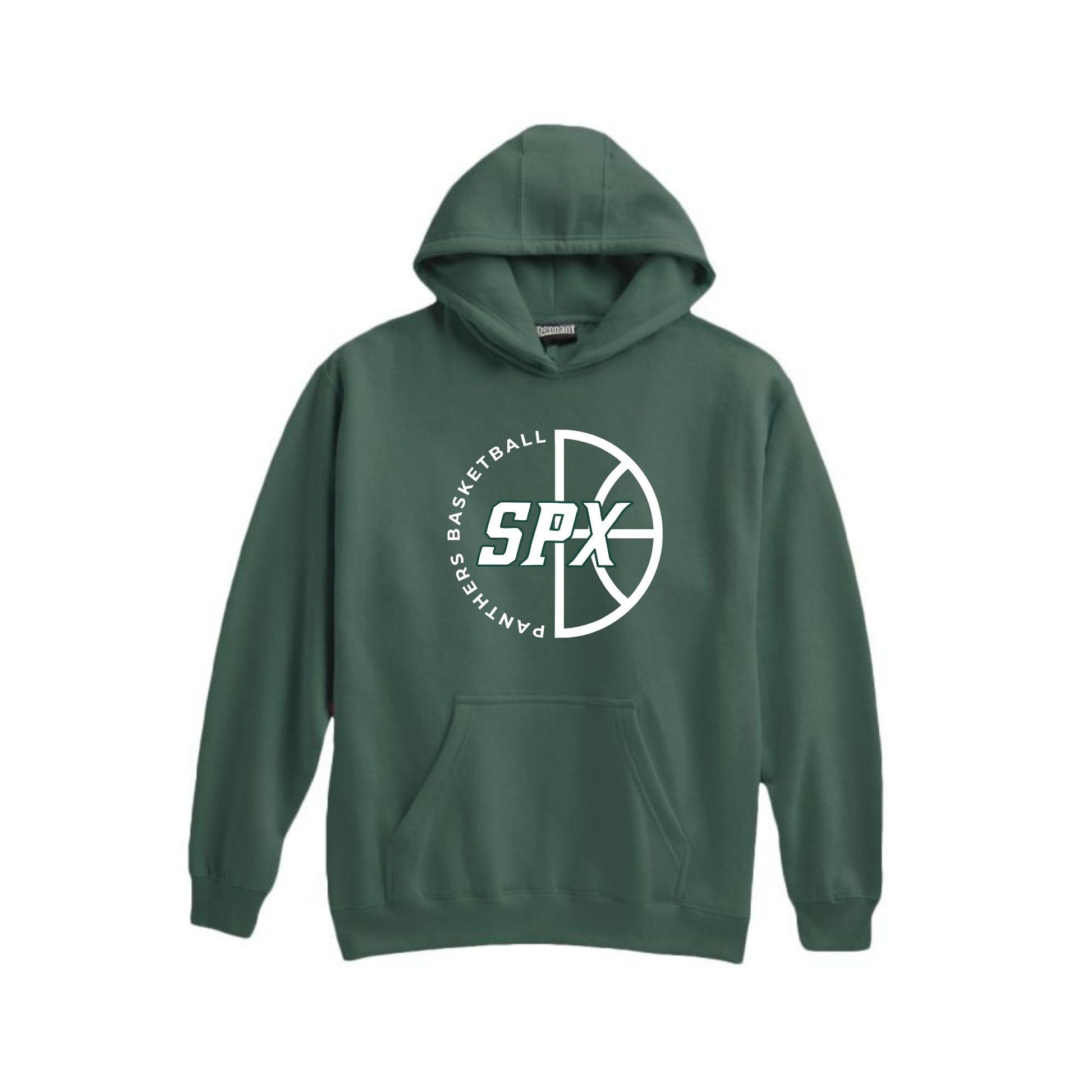 A dark green pullover hoodie with a white circular graphic on the chest featuring a basketball design and the text 'SPX PANTHERS BASKETBALL'.
