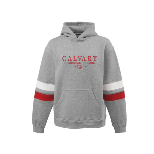 heather grey red and white striped varsity hooded sweatshirt with Calvary Christian school embroidered design in red thread
